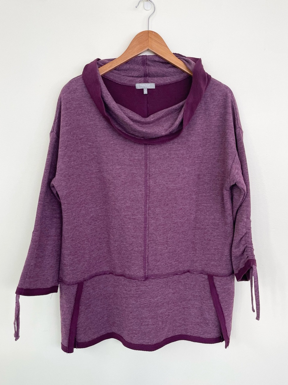 HABITAT Ruched Cowl Neck Tunic Terry Top in Wine Purple XS Extra Small Cotton